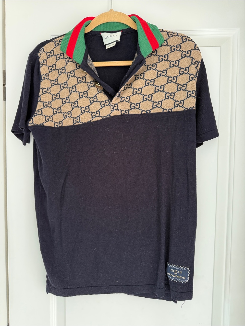 Gucci Navy Blue Polo with Tan GG Jacquard Yoke and Green-Red Stripe Collar